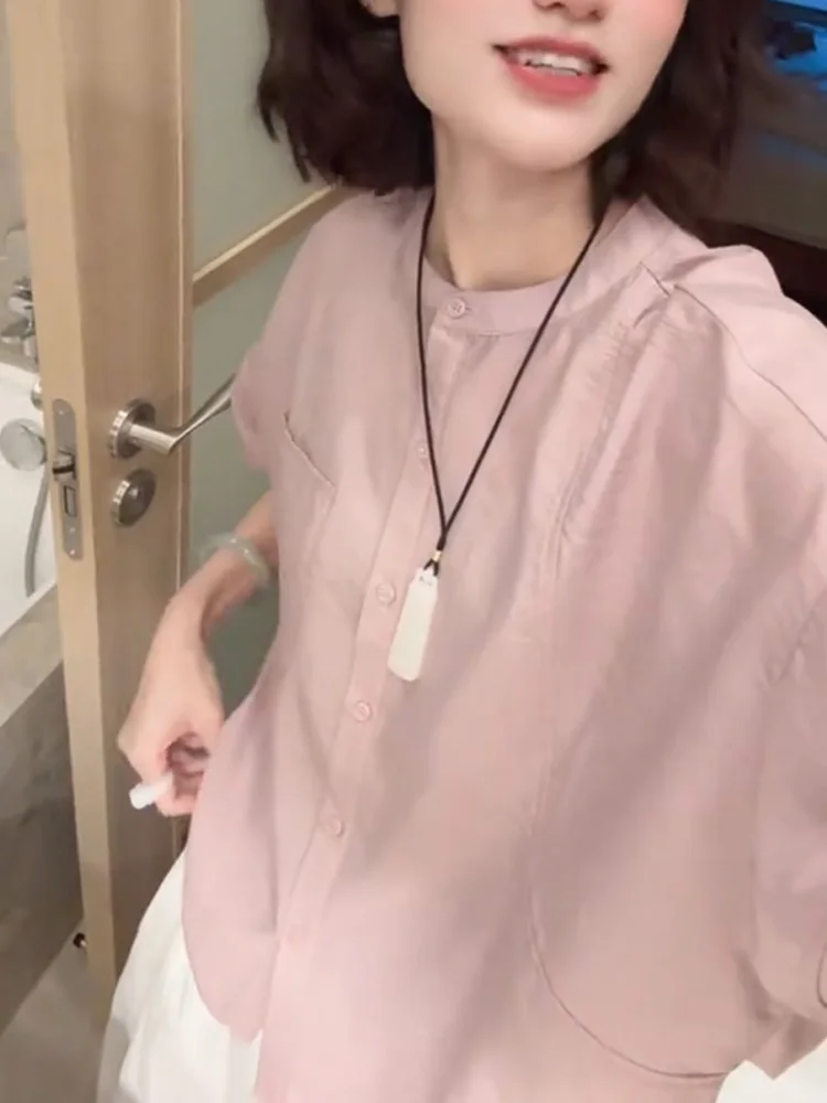 เสื้อชีฟองเกาหลีแบบกระดุมเดียวทรงหลวมสบายๆ เรียบง่าย เหมาะกับฤดูร้อน เสื้อผู้หญิงคอกลม แขนสั้น