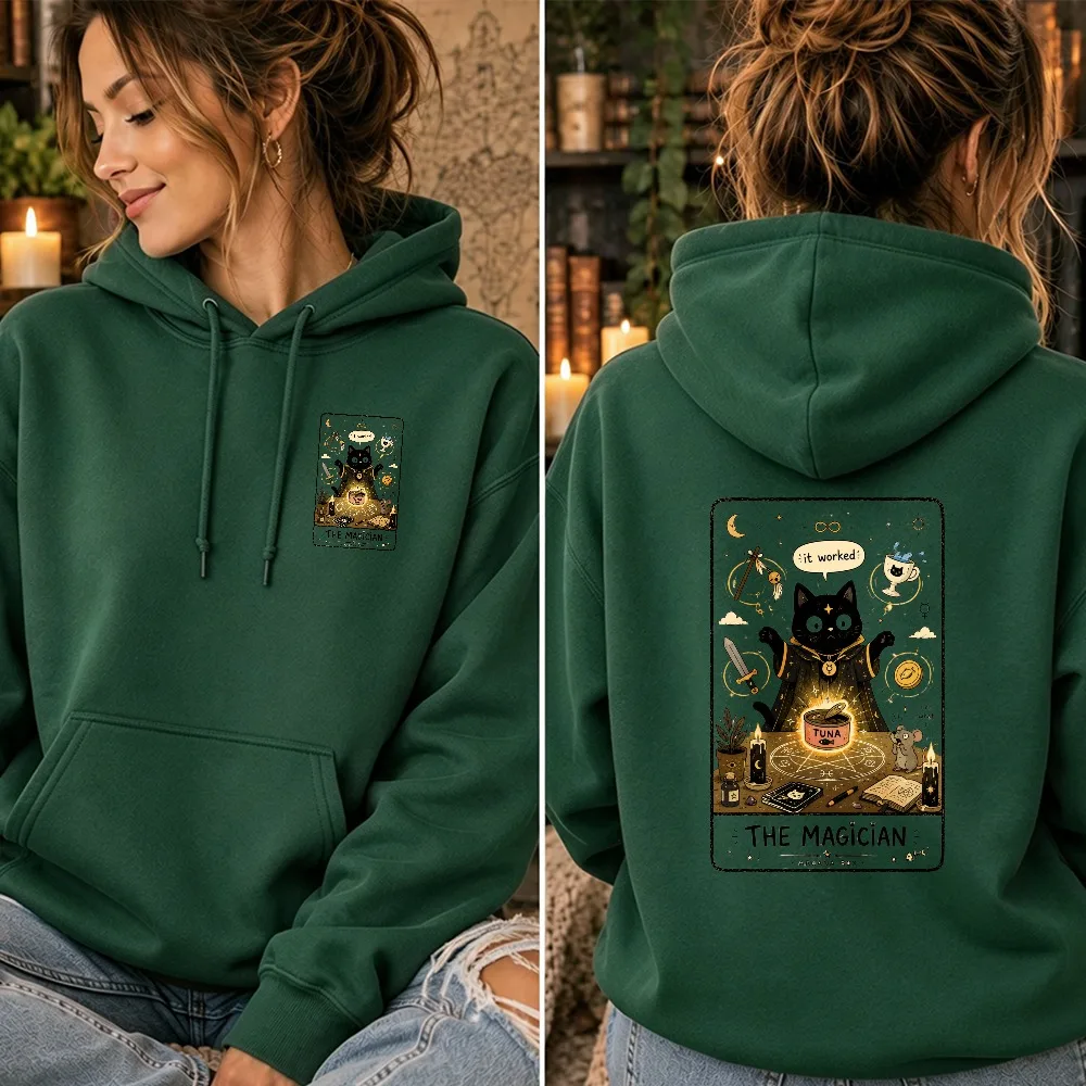 Funny Cream Tarot The Magician Hoodie Black Cat Wizard Tuna Magic Graphic Pullover Cute Cozy Unisex Women Fall Winter Gift Top