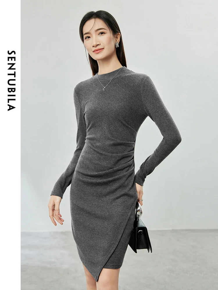 SENTUBILA Knitted Sweater Bodycon Dress for Women 2024 Spring Fashion Ruched Waist Long Sleeve Grey Slim Fit Dress 123L44013