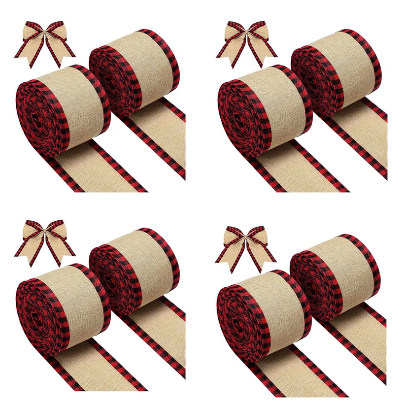 B62B-8X Buffalo Plaid Wired Edge Ribbons Christmas Burlap Fabric Craft Ribbon Wrapping Ribbon Rolls With Checkered Edge Red
