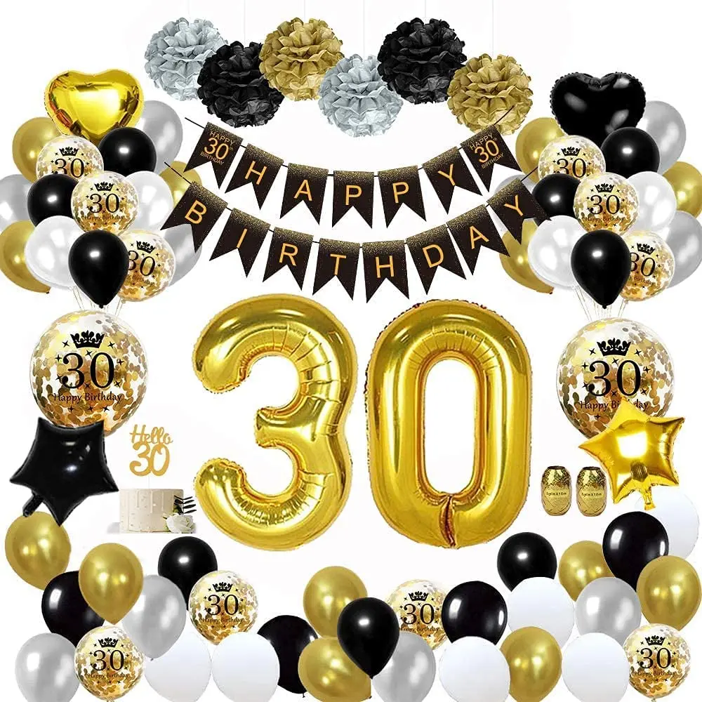 

30th Birthday Decorations Men Women Black and Gold Birthday Balloon Paper Pom Poms Hello 30 Cake Topper Banner Confetti Balloons