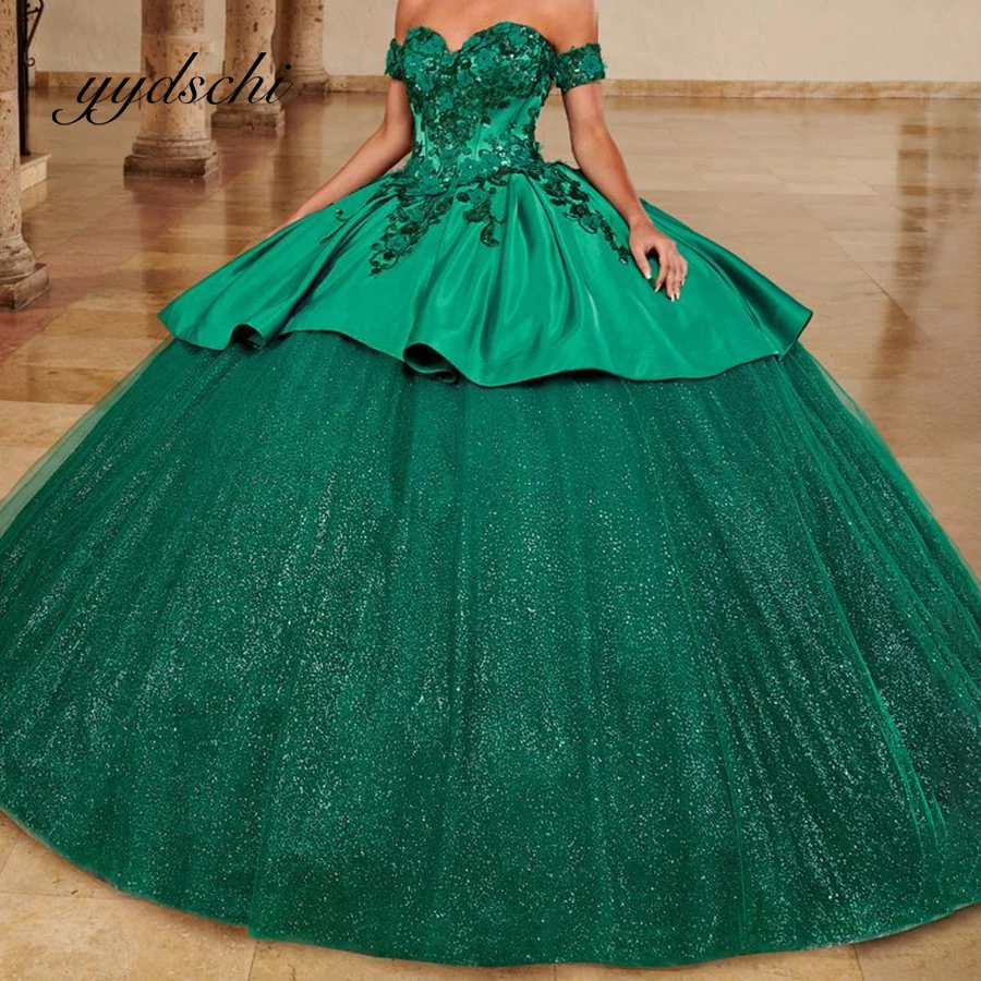 Abito Quinceanera con paillettes di lusso personalizzato che borda il partito elegante applique da sera corte strascico abito da ballo abito da ballo verde tulle