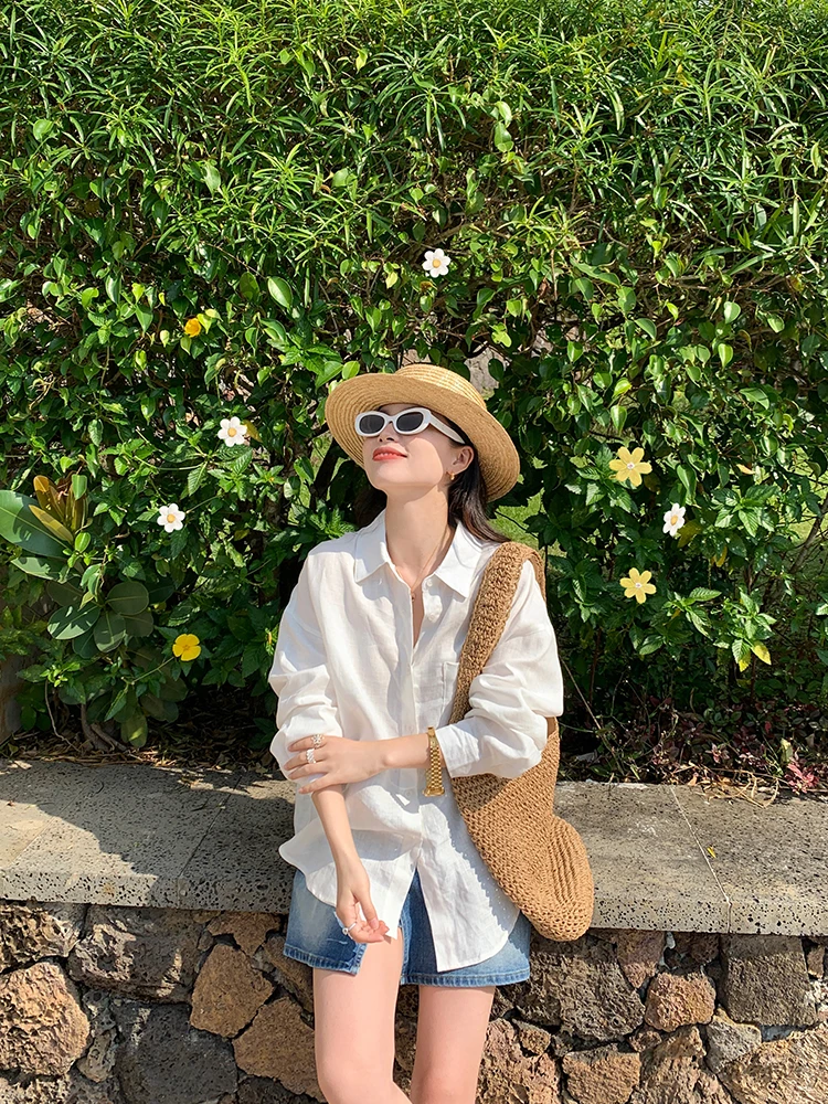 

White Linen Long Sve Loose Fit Sun Protection irt Chic Casual Top for Women Breathable Lightweight Summer Faion