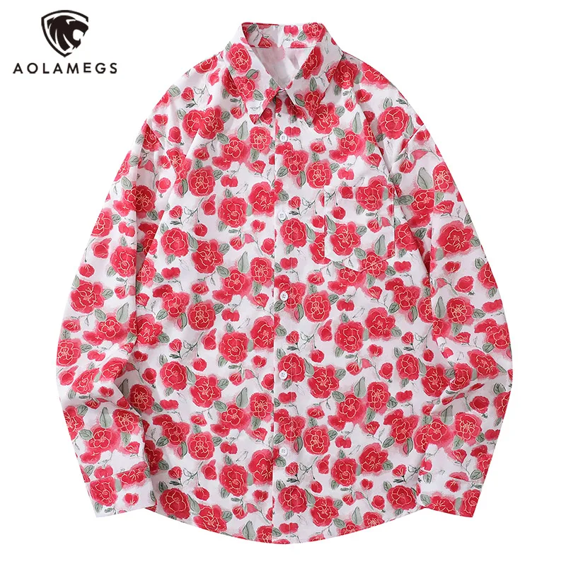 Men's Shirts Red Rose Print Blouse Romantic Style Trendy Casual Retro Tops Hong Kong Style Valentine's Day Unisex Clothes