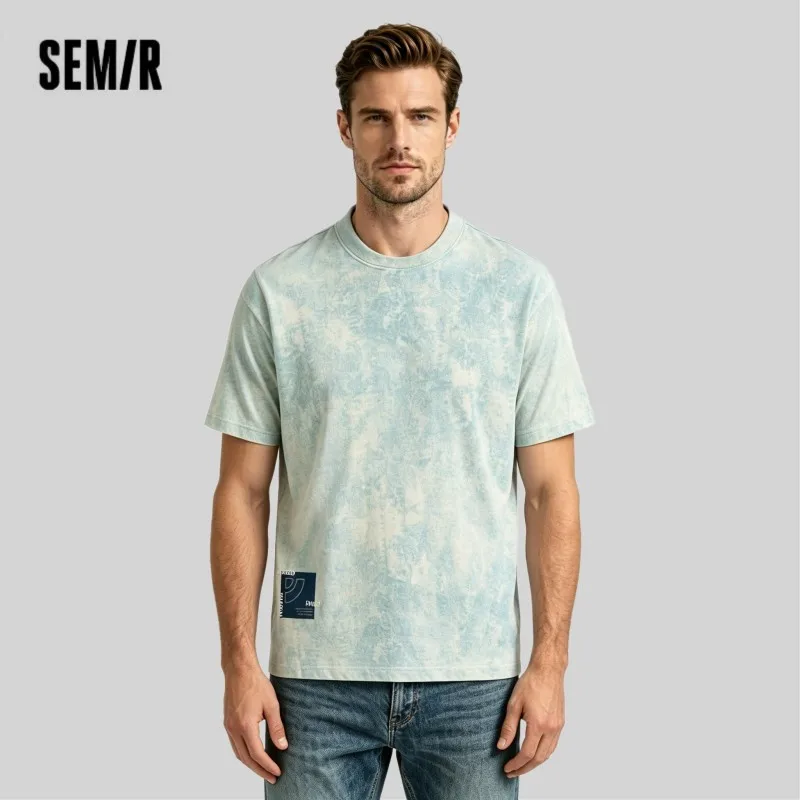 Camiseta Masculina Semir 2026 Estampa Batik Efeito Jeans Malha Solta Gola Redonda Casual Moda Confortável Macia