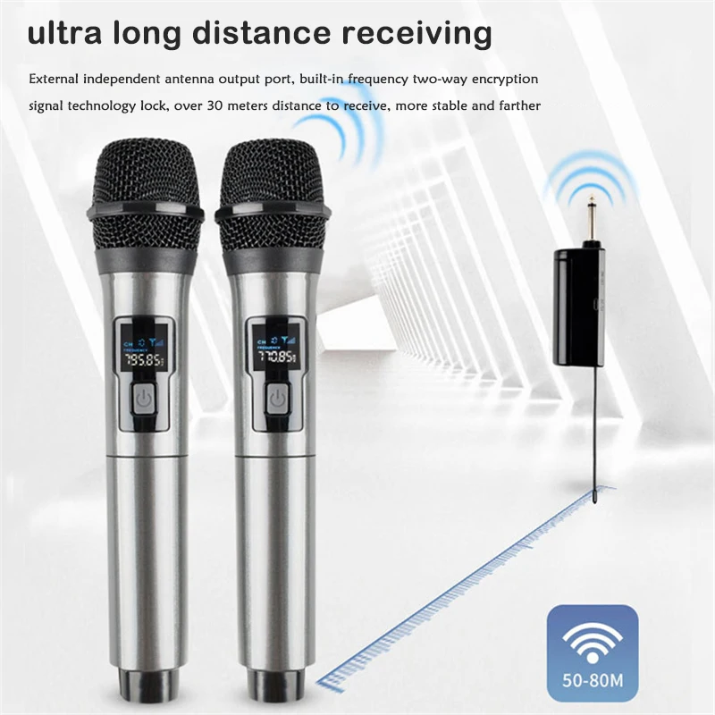 UHF Wireless Dual Handheld Dynamic Microphone Karaoke Microphone with Rechargeable Receiver for Wedding Party Speech Church Club