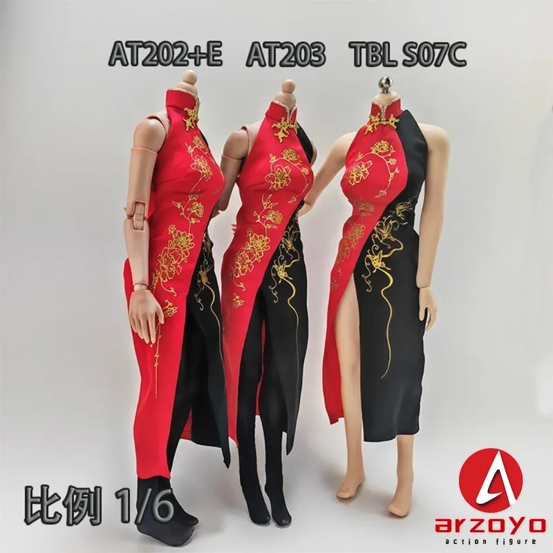 In Stock 1/6 Ada Wong Red Black Splicing Cheongsam Clothes Model Fit 12'' AT202 AT203 TBL S07C Female Soldier Action Figure Body