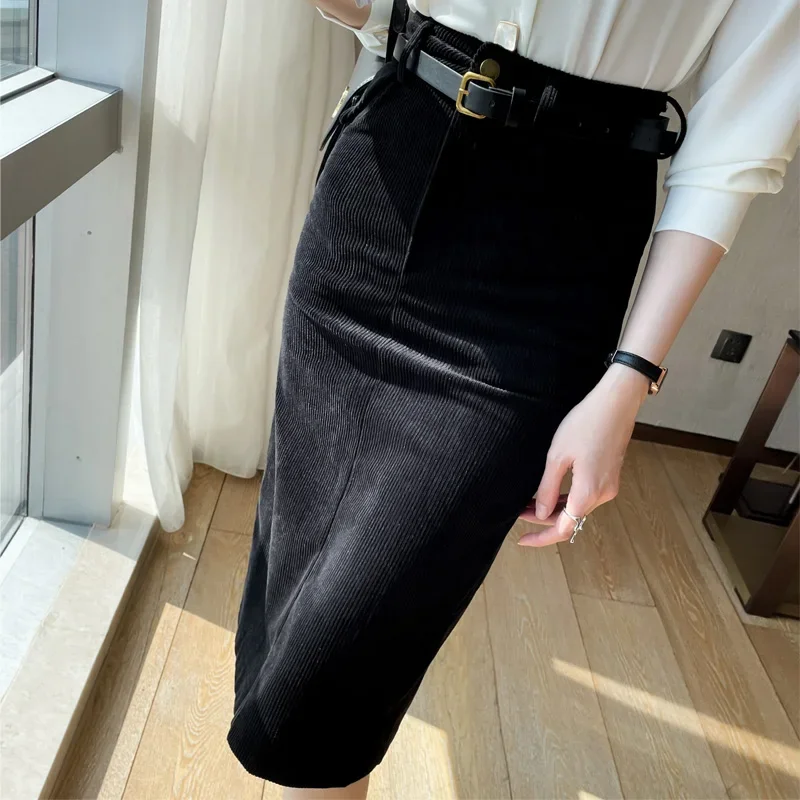 Office Lady Vintage Autumn Winter Corduroy Midi Skirt Woman Spring Fashion Casual Korean Fashion Clothing Female Cheap Wholesale