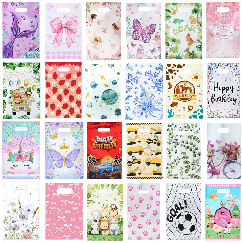 Sacs cadeaux en plastique à poignée ouverte, 16x25cm, 100 pièces, sacs cadeaux DIY pour mariage, fête, dessin animé, pour enfants, pochettes d'emballage pour cadeaux d'anniversaire