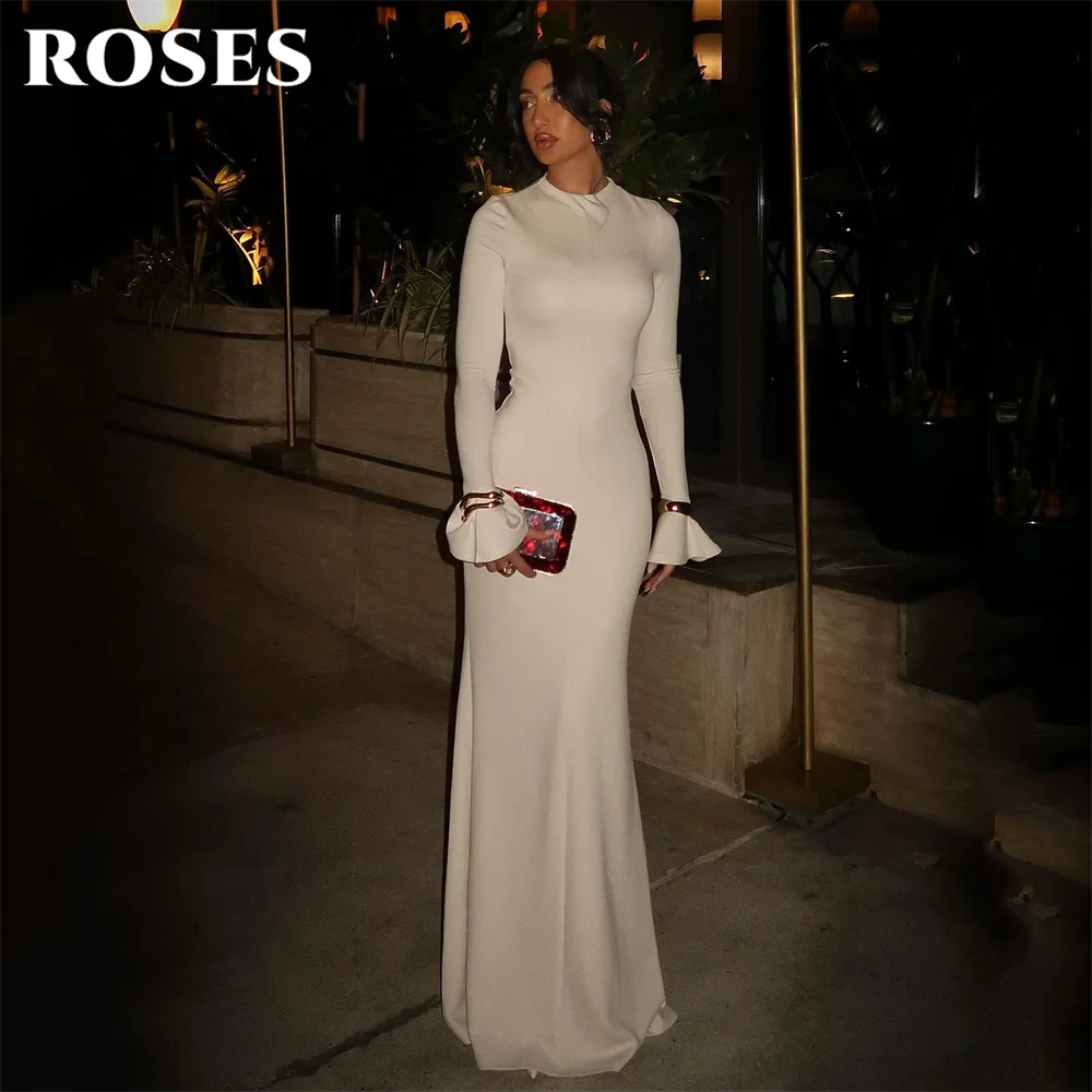 

ROSES White Evening Dress with Flared Cuff Prom Dress High Neck Party Formal Gown Zipper Back robe de bal for Woman Customized