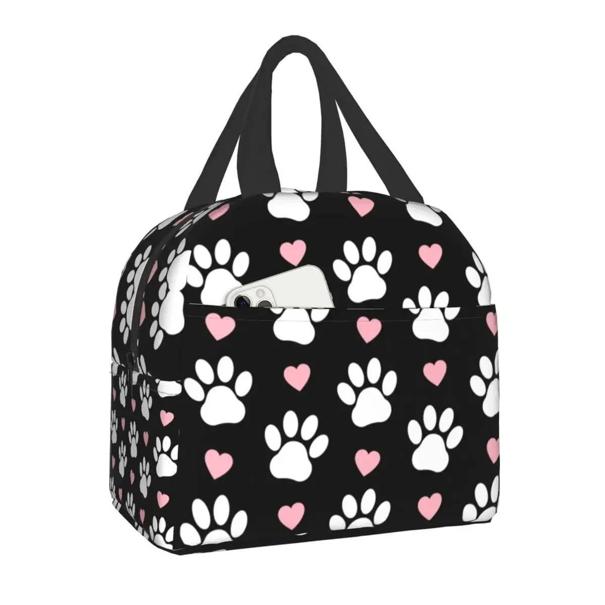 Pattern Of Paws White Dog Paw Insulated Lunch Bags for Women Pretty Pink Hearts Puppy Cooler Thermal Lunch Box School Children