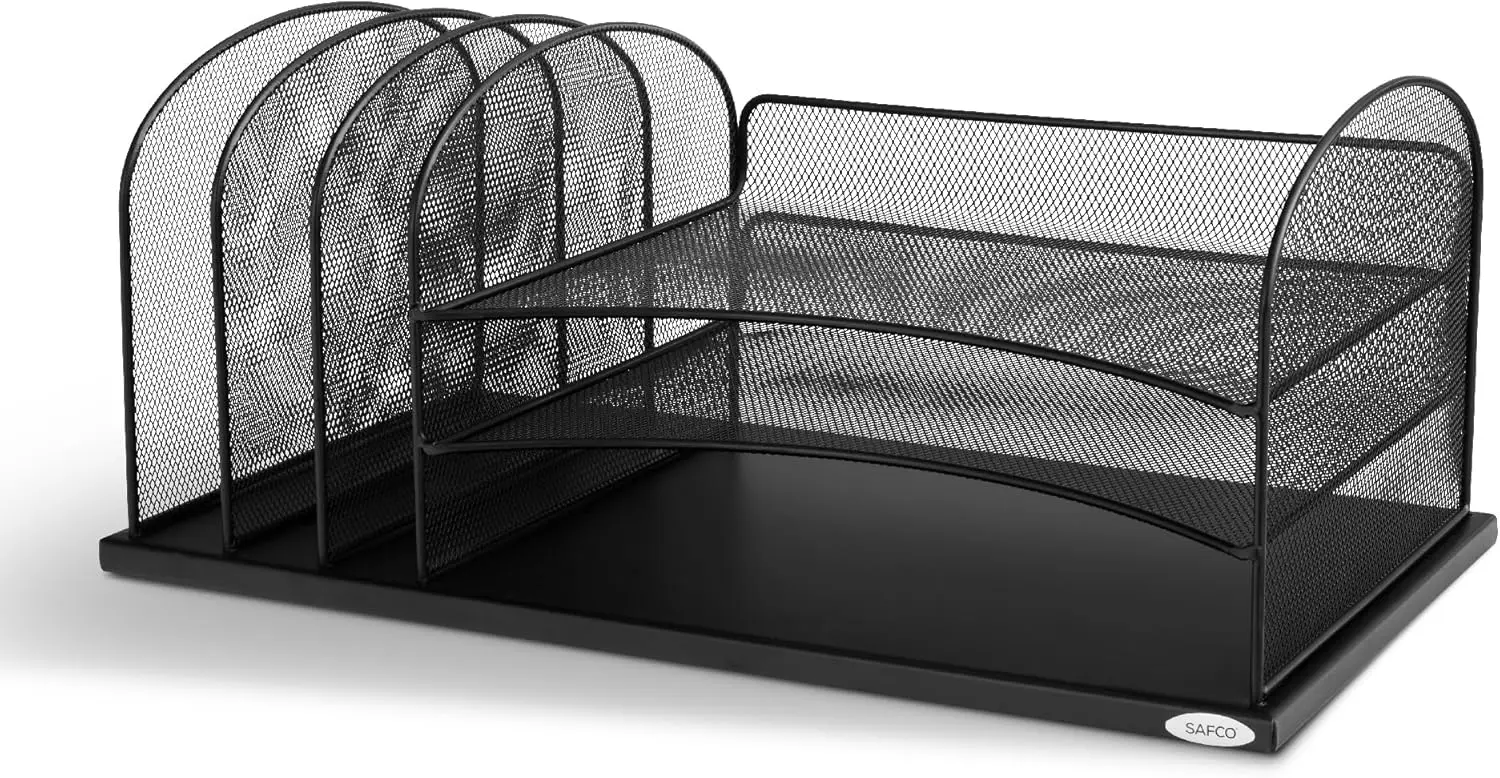 

Desk Organizer, 3 Vertical Compartments and 3 Trays, Steel Mesh Office Mail Sorter, Black