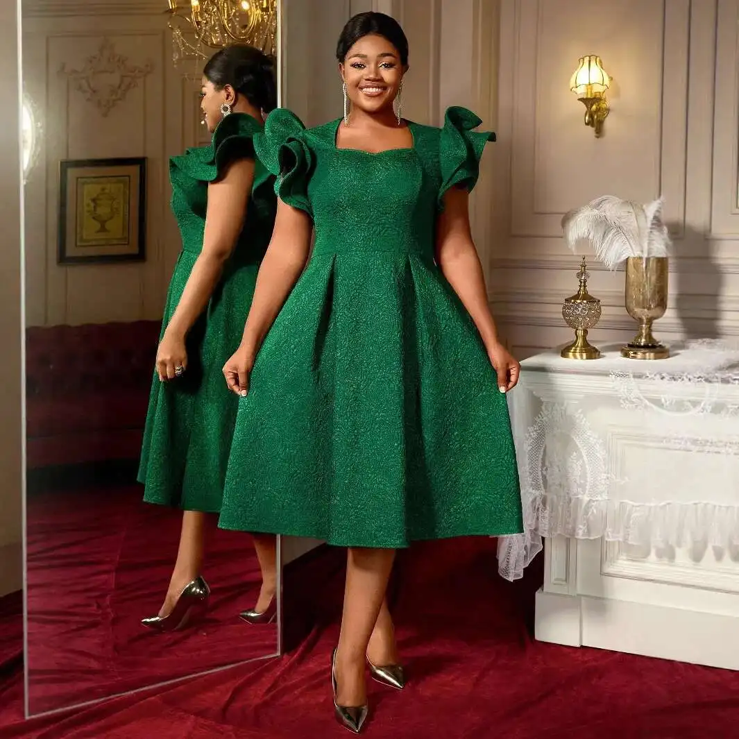 

Plus Size Elegant Jacquard Square Neck Dress with Ruffled 3d Sleeves A-line Slimming Evening Gown Dresses Elegantes Casual Y2k