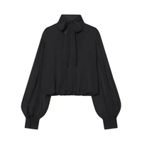Women's Black Bow Tie Neck Blouse Sheer Puff Sleeve Cropped Chiffon Top for Party & Office - Image 4