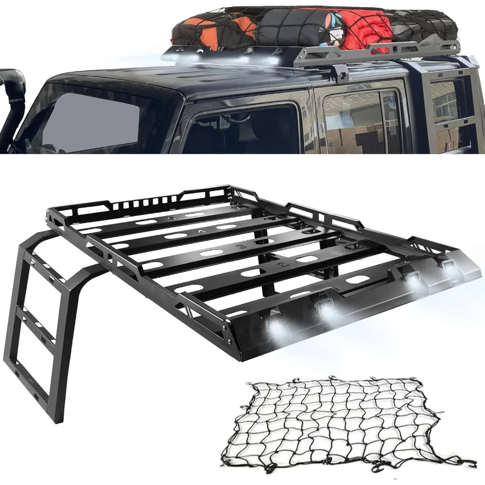 

Roof Rack Cargo Basket with Ladder Fit for Jeep Wrangler JK 2007-2018 4 Doors Hard Top Roof Rack w/2 Ladder & 4 LED Lights & Car