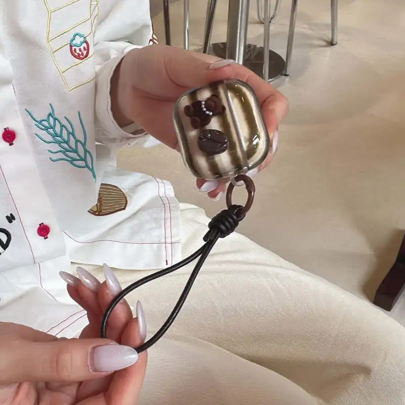 

Retro Brown Stripes Coffee Beans Bear Case For Apple Airpods 4 3 2 Pro 3 Earphone Cover Silicone Headset Charging Cases For Airp