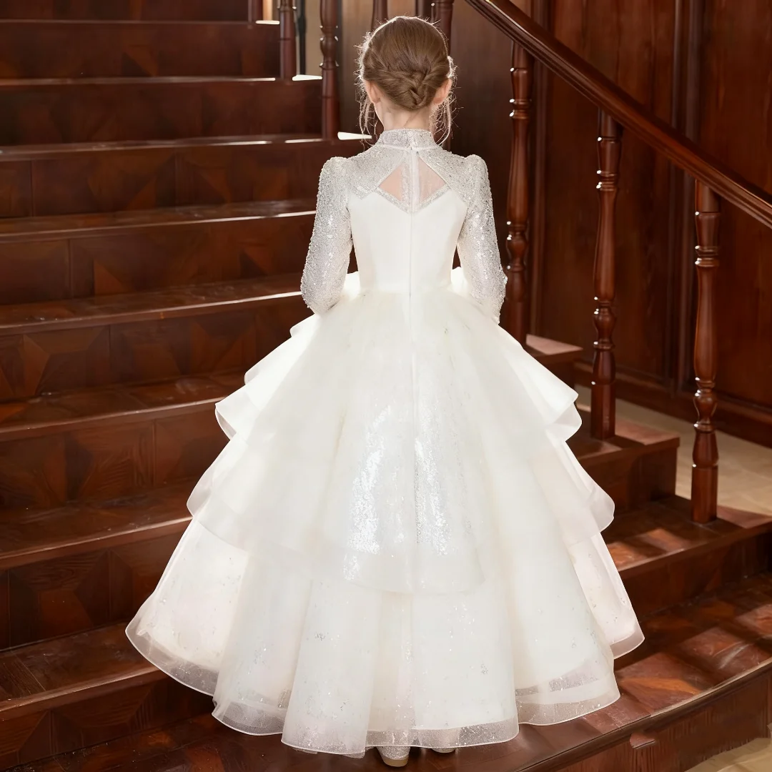 Sukienka księżniczki, ekskluzywna, na wybieg, dla dziewczynki sypiącej kwiatki, na wesele, sukienka dla małej dziewczynki, sukienka dla dzieci na występ fortepianowy, z długim rękawem.