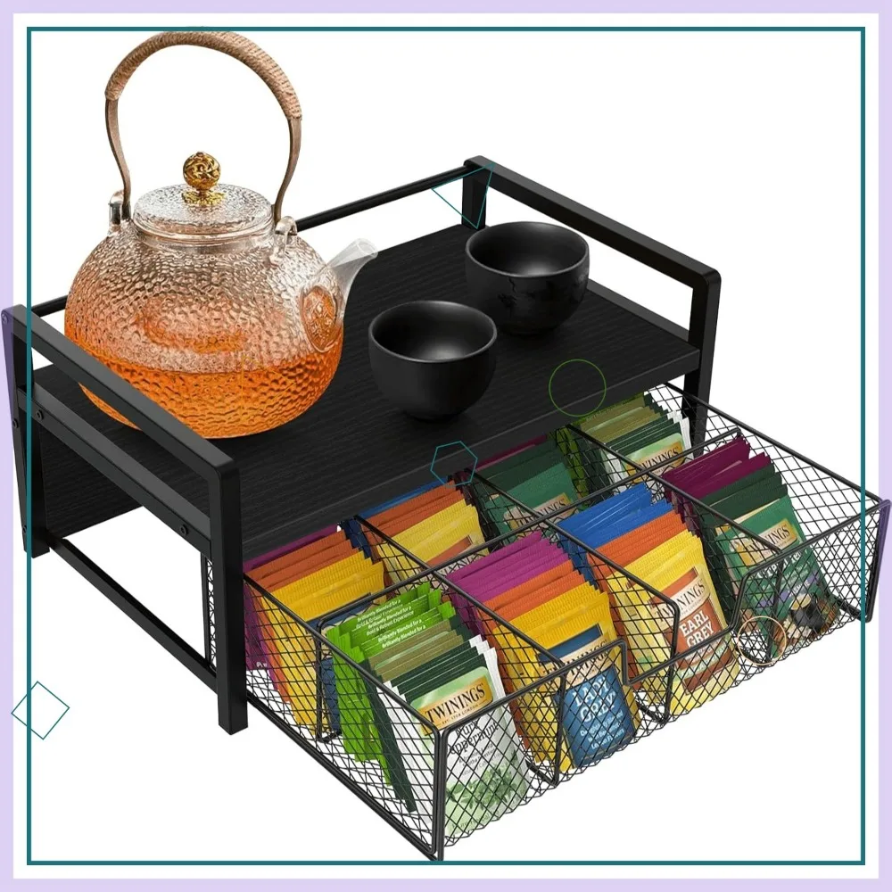 

Wood Tea Bag Organizer with Drawer, 8 Compartments Storage Box for Kitchen Counter, Black