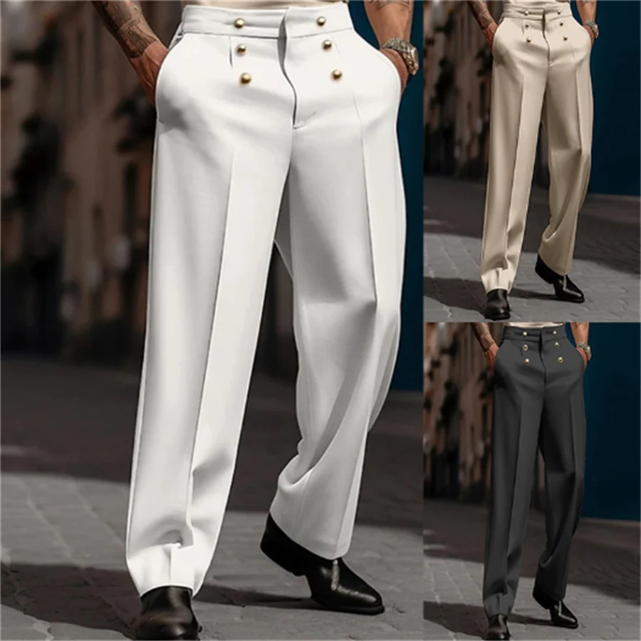 

Fashion White Men's Elegant Suit Pants Solid Straight Trousers Male Business Social Dress Pants Formal Button Design Clothes