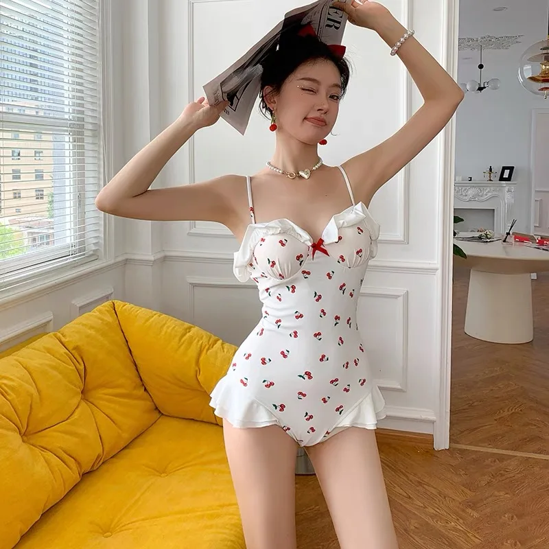 Women One Piece Swimsuit Push Up Vintage Monokini Bandage Back Cherry Print Swimwear Summer Beach Bodysuit Flouching Girl Bikini