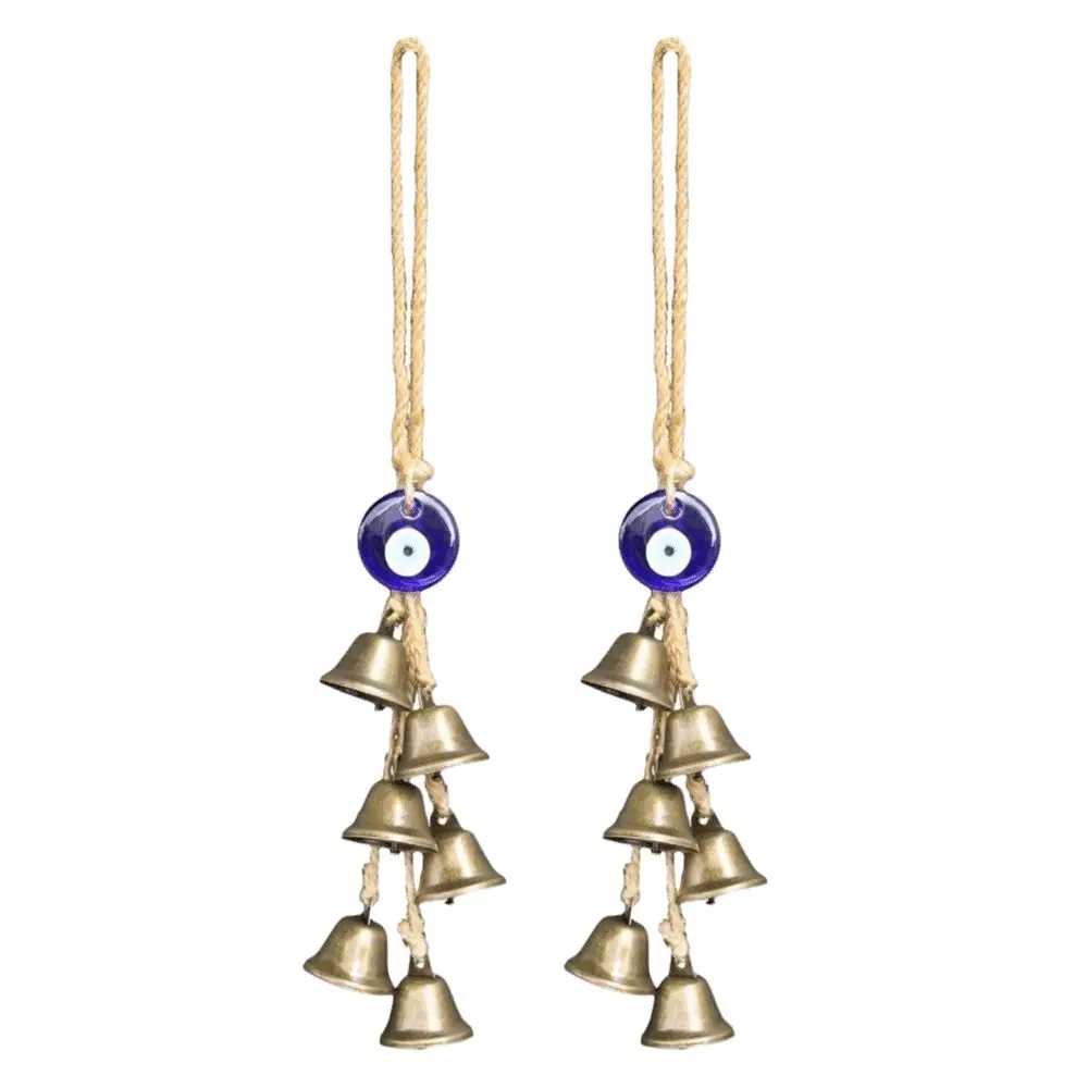 2 Pcs Handmade Loud Chime Wind Chime Pendant Ready to Hang Hemp Rope Wall Decoration Iron Bell Blue Eye Amulet For Office