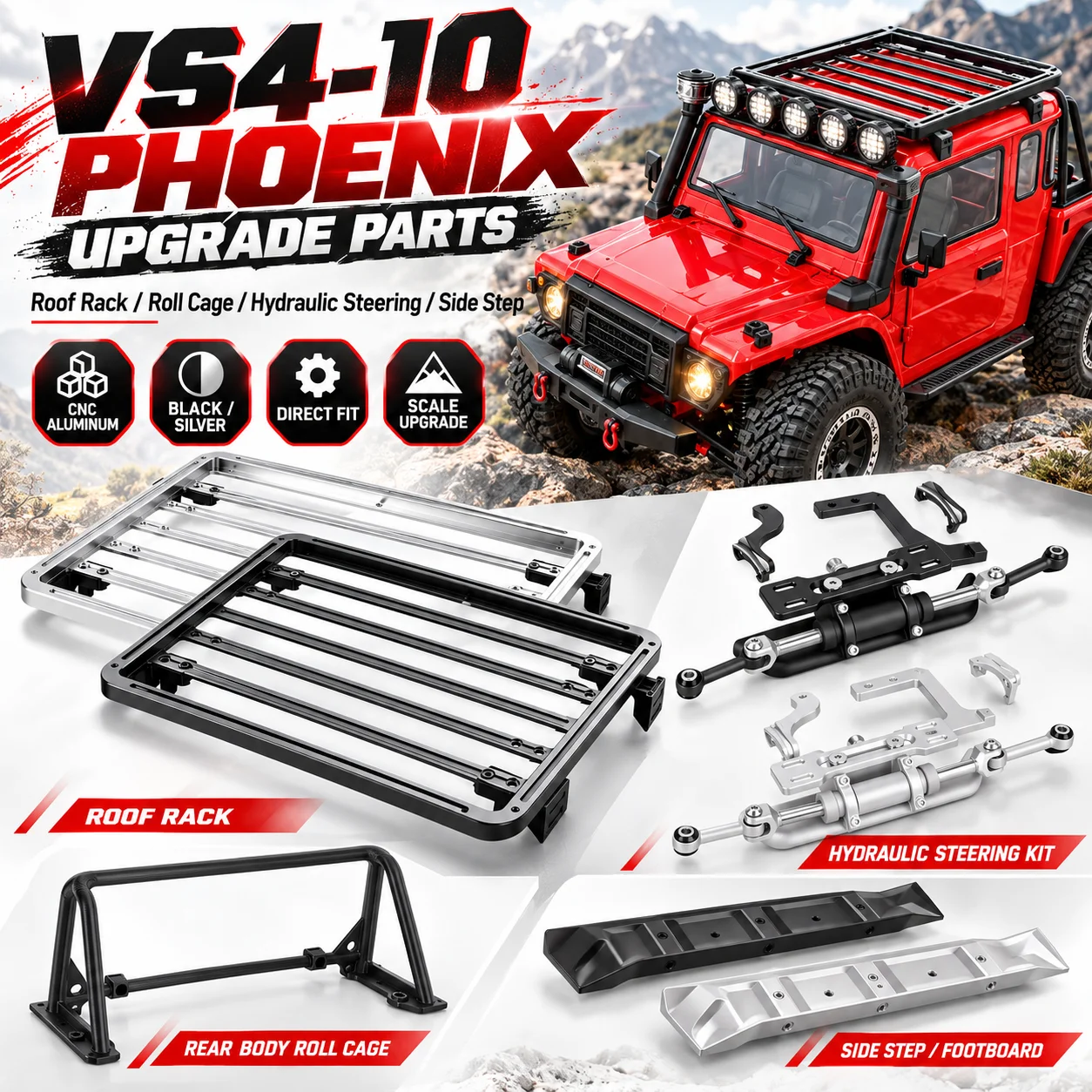 RC Luggage Rack Roof Rack Roll Cage Side Pedals Hydraulic Steering Servo Mount for Vanquish VS4-10 Phoenix 1/10 RC Rock Crawler