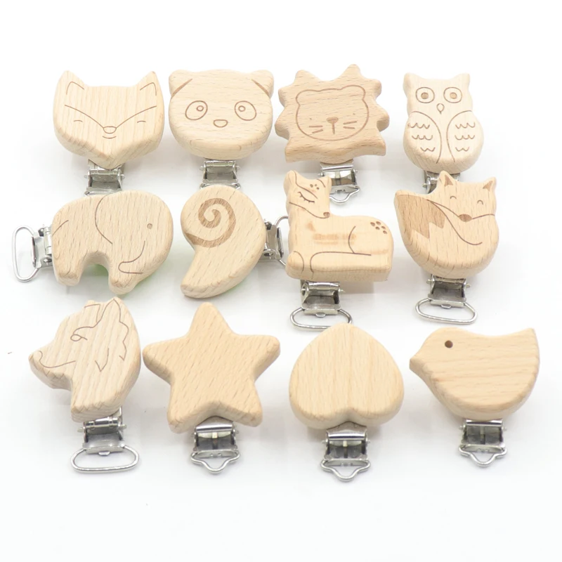 5Pcs Metal Clip Pacifier Clips Chain Accessories Animal Pattern Wooden Beech Baby Pacifier Holder for Infant Teether BPA Free