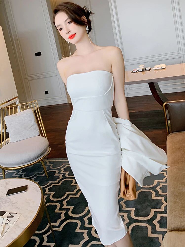 

Elegant Sexy Midi Dresses for Women 2023 Black White Strapless Backless Bodycon Skinny Robe Female Evening Party Club Vestidos