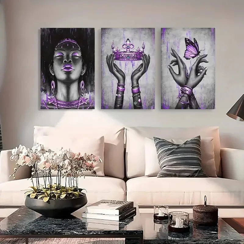 3pcs Black American Woman Poster Canvas Wall Art Giclee Prints Elegant Woman with Purple Queen Crown Butterfly Painting Decor