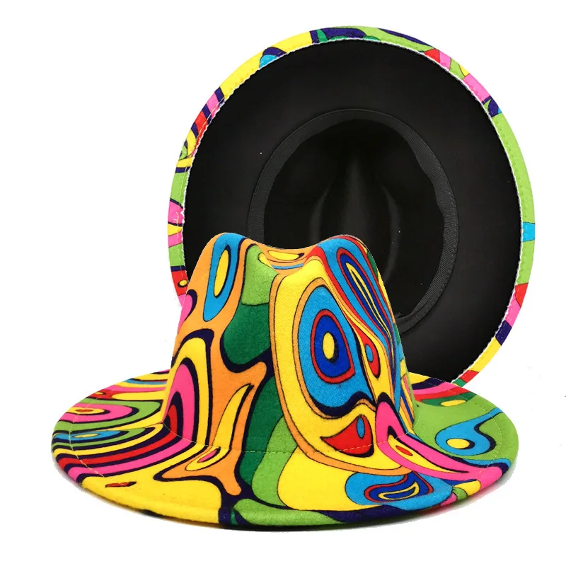 

Fashion British Retro Rainbow Graffiti Print Fedora Hat Wool Retro Warm Derby Top Hat Colorful Jazz Hat for Men Women Cosplay