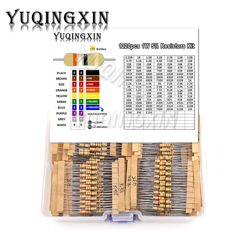 

1220pcs 1W Carbon Film Resistor Kit 5% Resistance Assortment Set 122valuesX10pcs 0.33R - 2.2M ohm Sample Pack