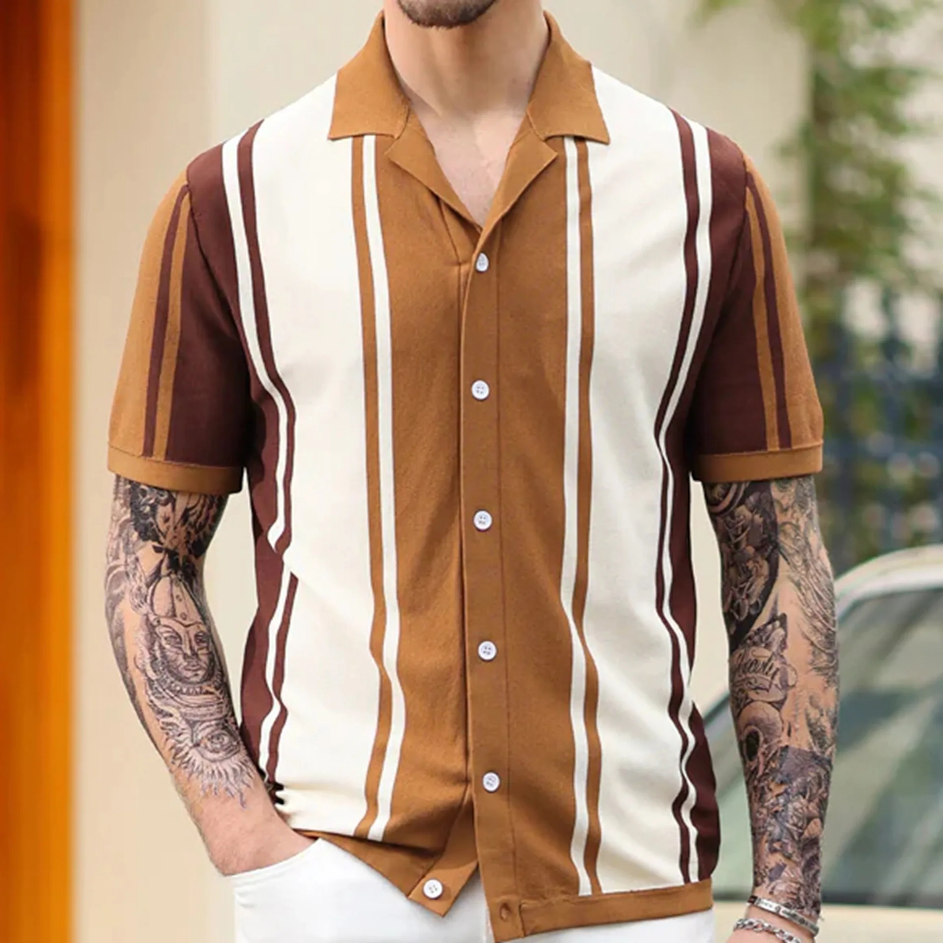 

Men's Striped Button Front Knit Top Summer Contrast Color Cardigan Short Sleeve Lapel Collar Knitwear Vintage Outdoor T-Shirt