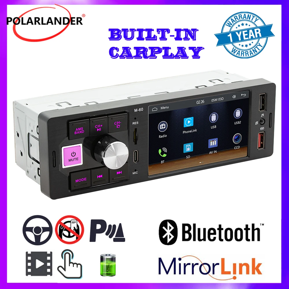 

Автомагнитола 1DIN с Carplay и Android Auto, MP5-плеер с функцией Mirror Link