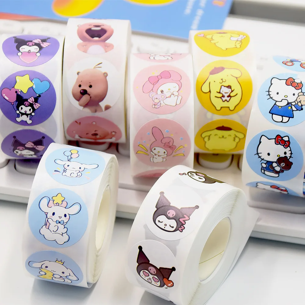 500pcs/Roll Kawaii Cartoon Hello Kitty Stickers My Melody Kuromi Cinnamoroll Kids Reward Stickers Gift Decoration Decals Toys