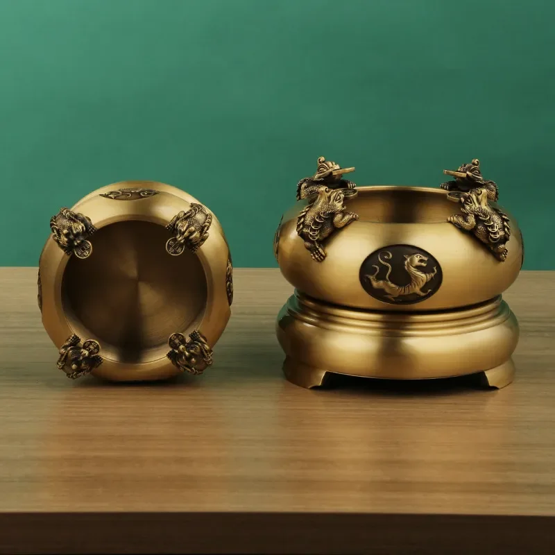 Brass Rotating Cornucopia Ornament with Four Divine Beasts and Golden Toad for Home Office Desk Decor Feng Shui Wealth Lucky