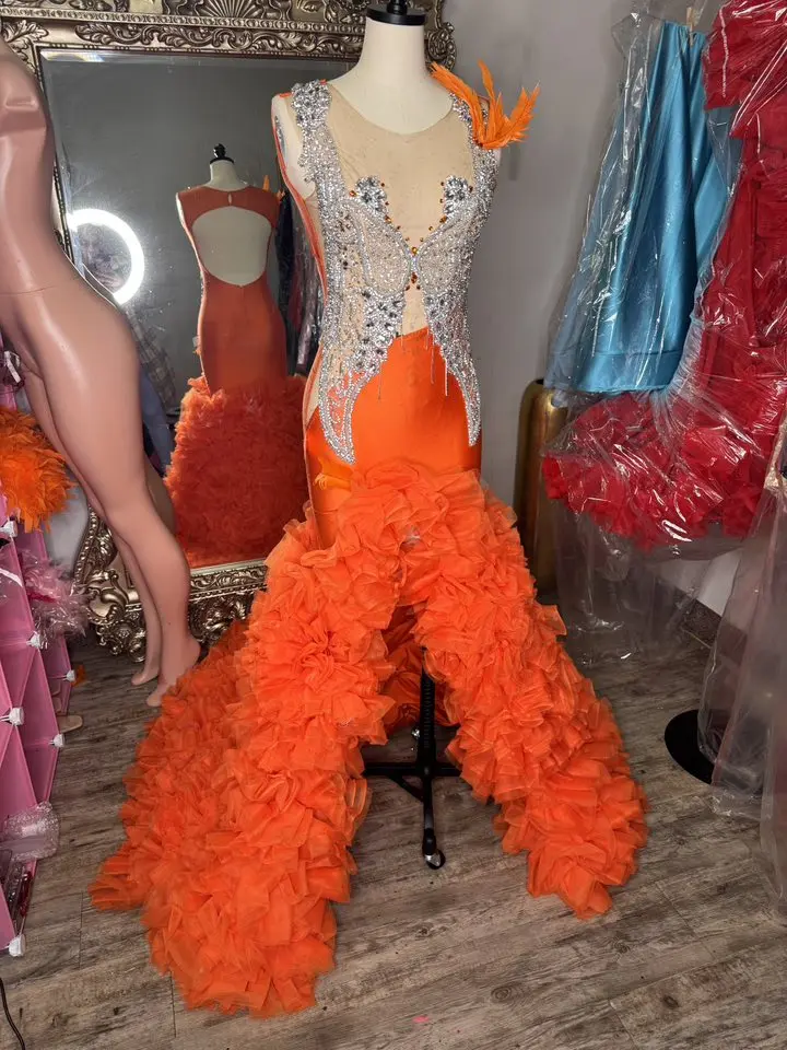 Luxury Orange Crystal Prom Dresses Long for Black Girls 2025 Feather Ruffle High Low Formal Evening Gowns Customized