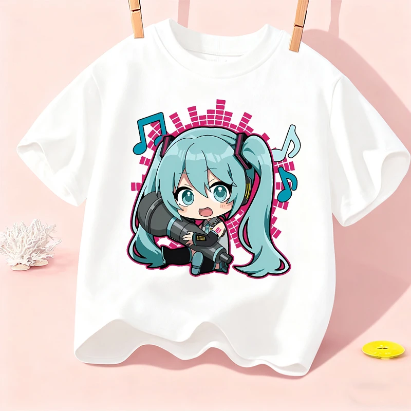 Hatsune Miku Child Short Sleeve T-Shirt Anime Themed Print Crew Neck Tops Girls Kawaii Summer Casual Pullover Cute Kids Clothing