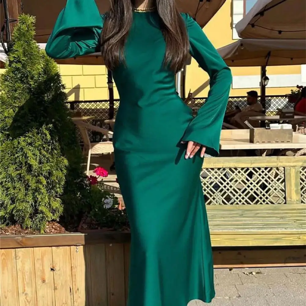 Women Party Dress Long Sleeve Solid Color Round Neck Soft Tight Waist Sheath OL Commute Style Slim Fit Ankle Length Maxi Dress