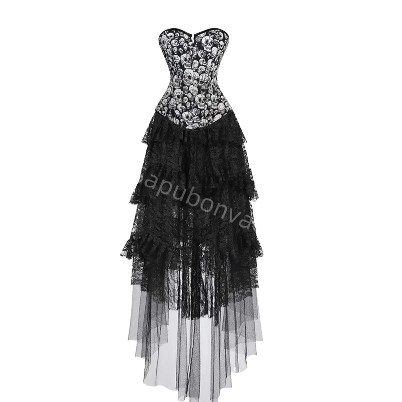 

Corset Dress Costume long skirt Set With Skull head Bustier Costume Party dress up sexy Ladies Outfit Plus Size Gothic Halloween