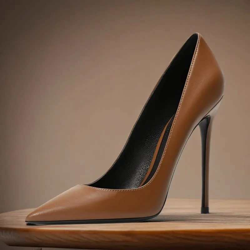 High heels for women,thin heels,matte brown leather surface,commuting professional work shoes,shallow mouth pointed single shoes