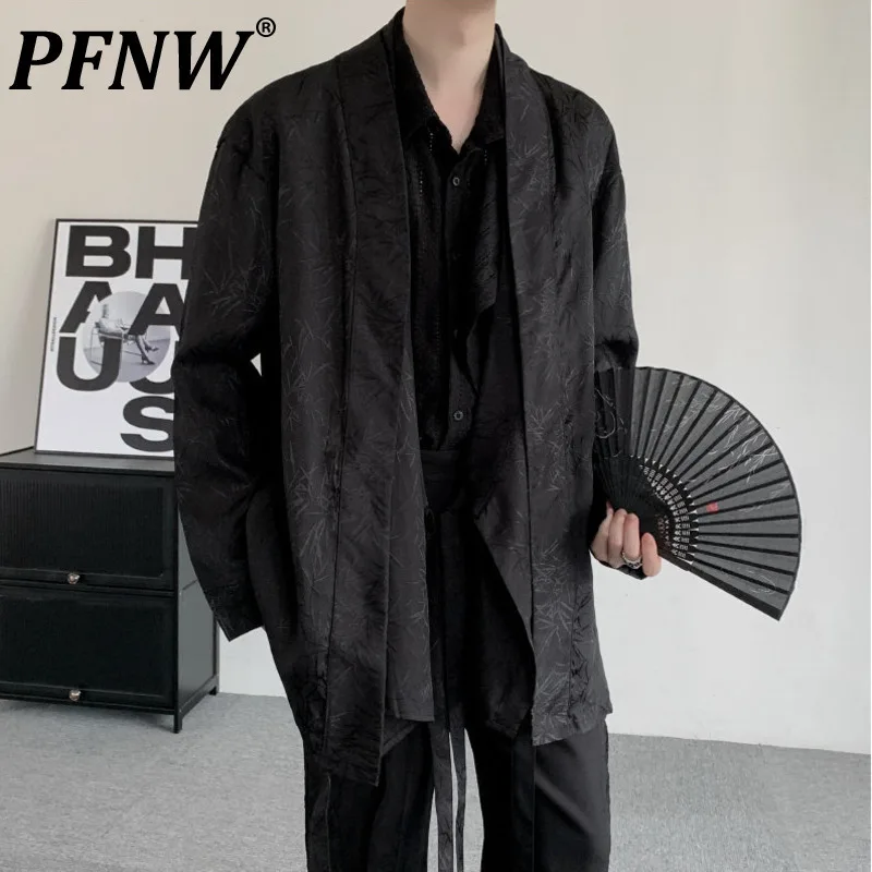 

PFNW Chinese Style Ribbon Bamboo Jacquard Layered Long Sleeve Cardigan Shirt Large Size Men's Thick Black Tops 2024 New 12C1222