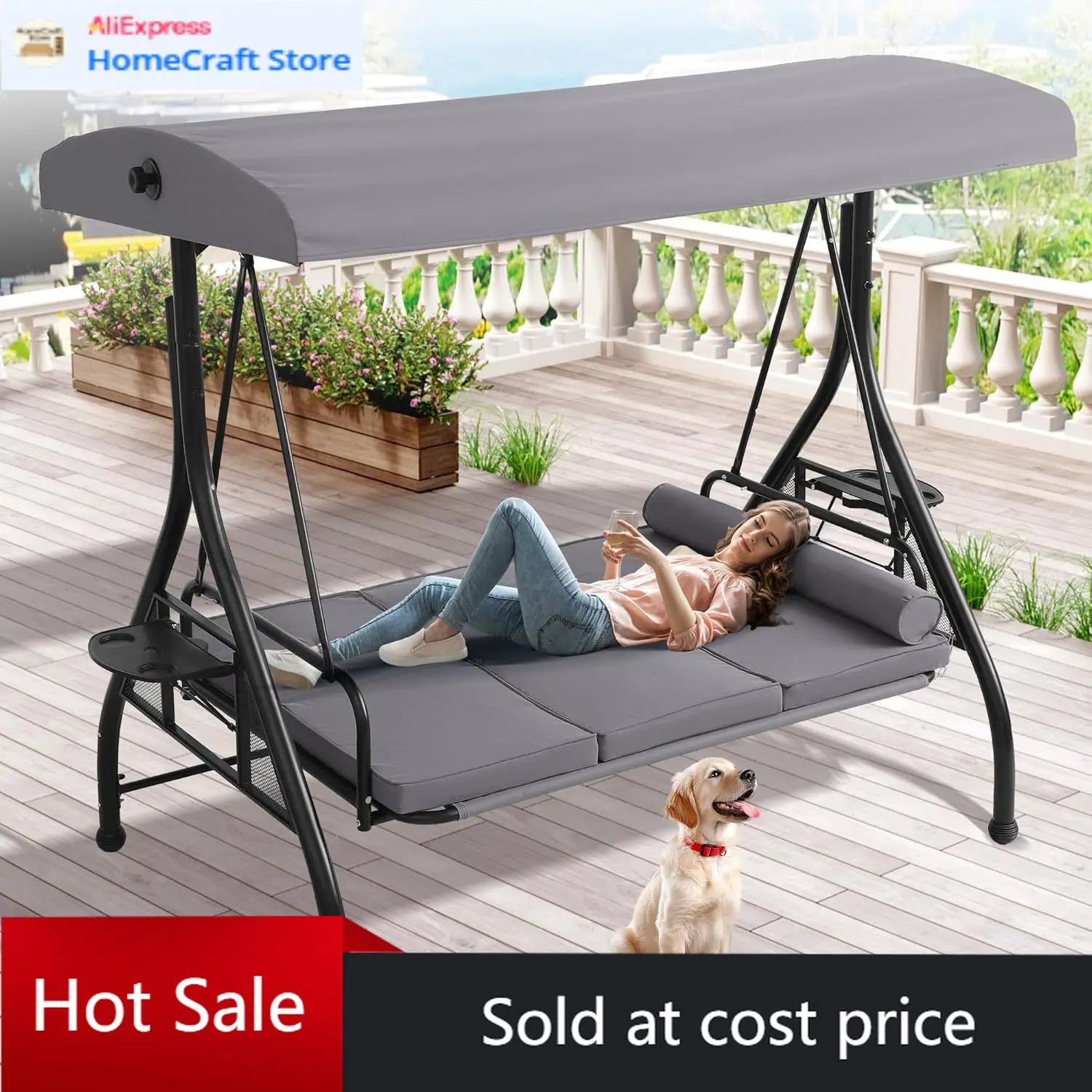 

Трехместные серые садовые качели-диван с навесом, трансформируемые в кровать, с подстаканниками, подушками и подушками-валиками, для сада и двора, для взрослых