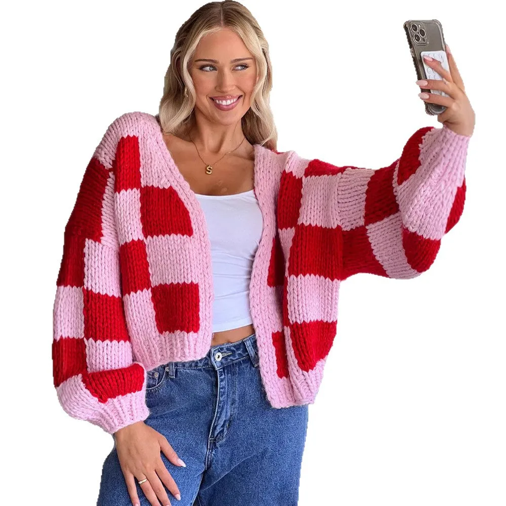 Frauen Stricken Pullover Plaid Strickjacke Lose Volle Hülse Gespleißt Jumper V-ausschnitt Lässig Elegante Mantel Gestrickte Outwear Herbst 2025
