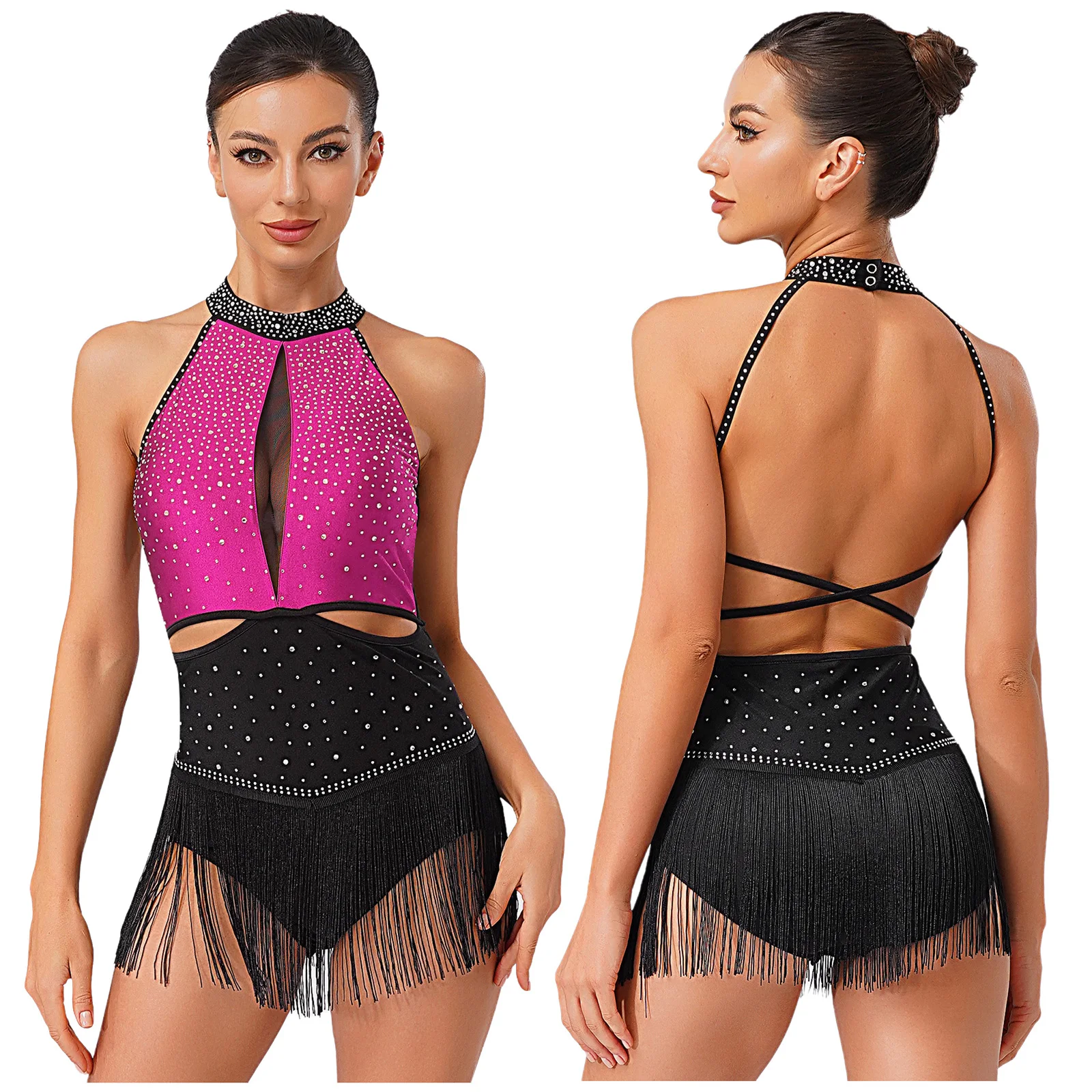 

Womens Glittery Rhinestones Latin Jazz Dance Leotards Tassel Skirts Sleeveless Backless Gymnastic Cha-cha Rumba Dance Bodysuits