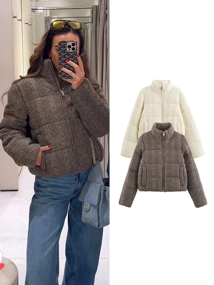 

TFMLN 2025 зимние женские хлопковые куртки с воротником, элегантное вязаное толстое хлопковое пальто, женская теплая повседневная верхняя одежда на молнии