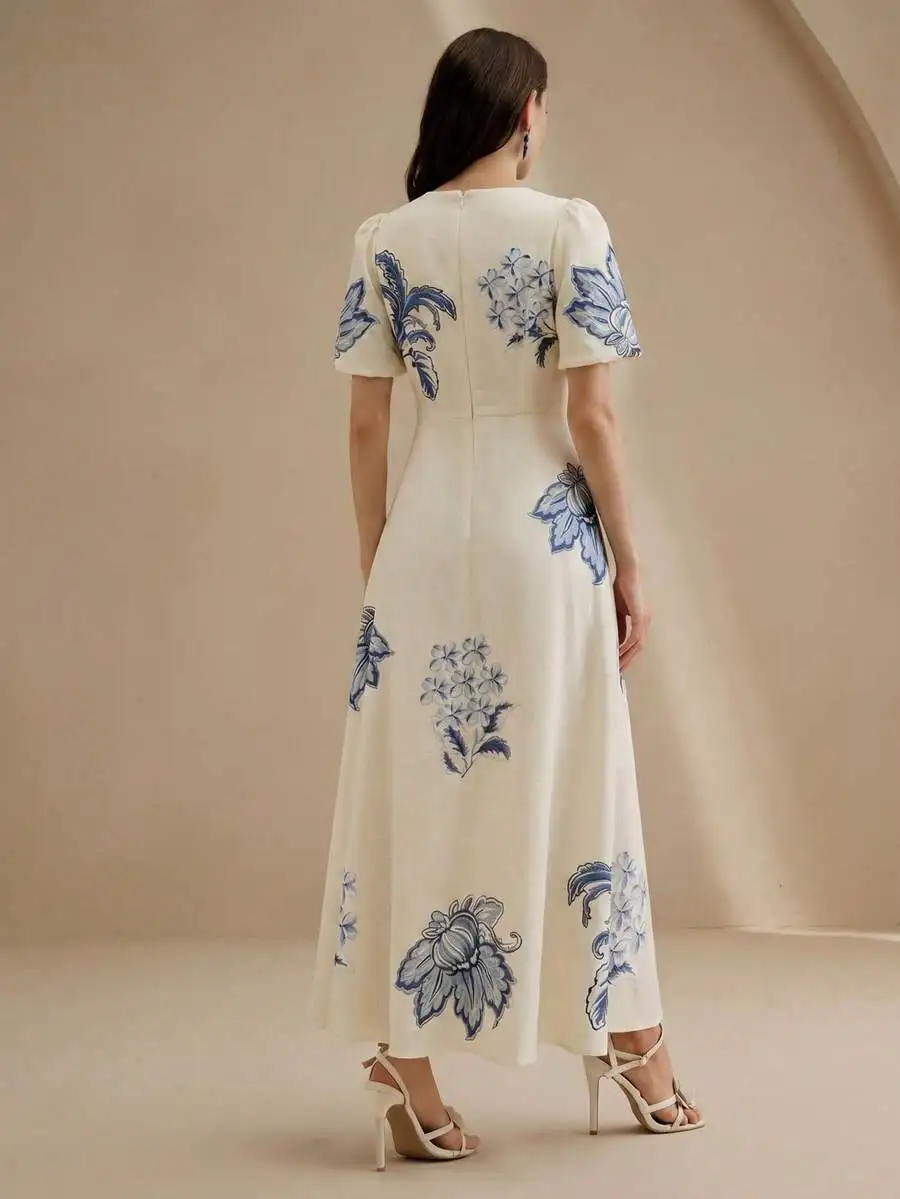 

Elegant Floral Print Puff Sleeve A-Line Dress For Women Casual Holiday Beach Wear
