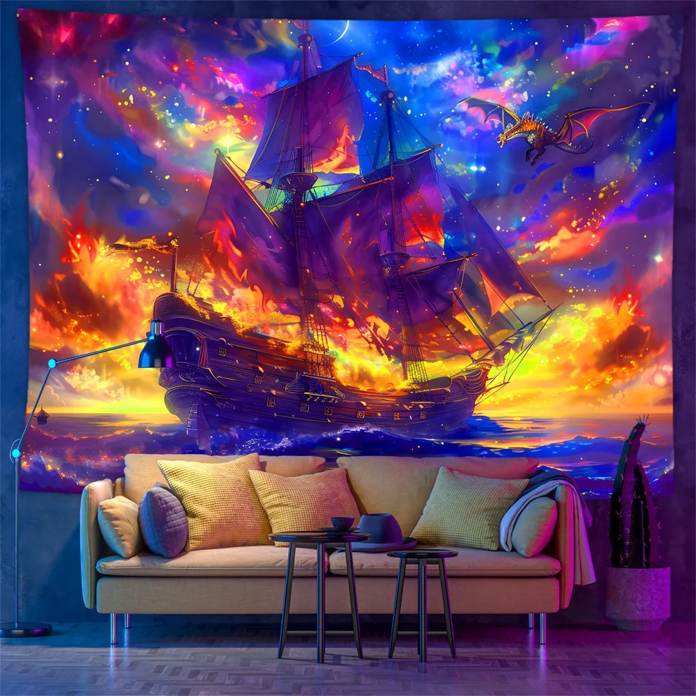 

UV Reactive Blacklight Tapestry Fantasy Pirate Ship 2D Flat Printed Colorful Nebula Galaxy Starry Sky Wall Hanging Peach Skin