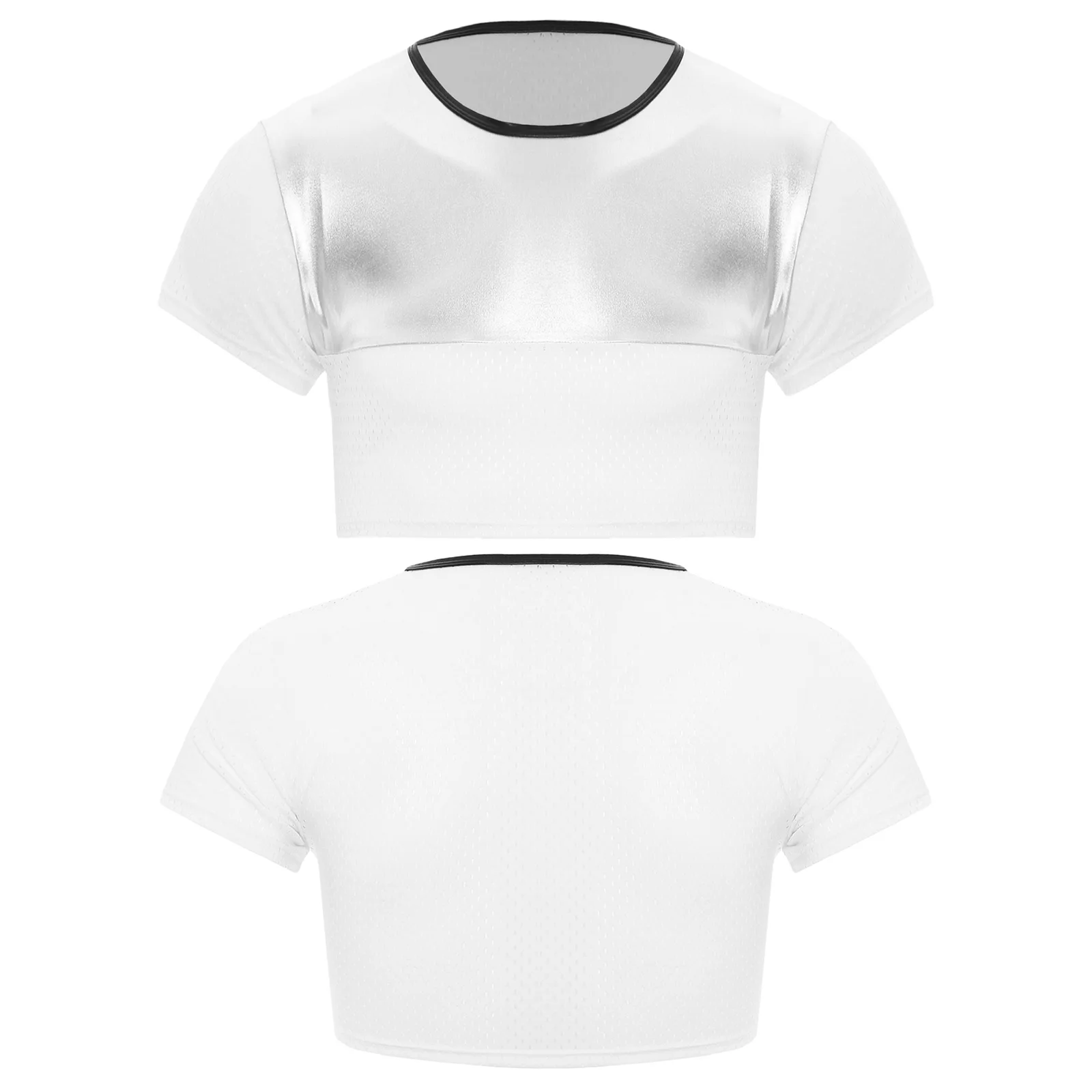 Men Short Sleeve Hot Stamping T-shirt Breathable Hollow Out Crop Top Shiny Metallic Pole Dance Crop Top Gym Workout Top Clubwear