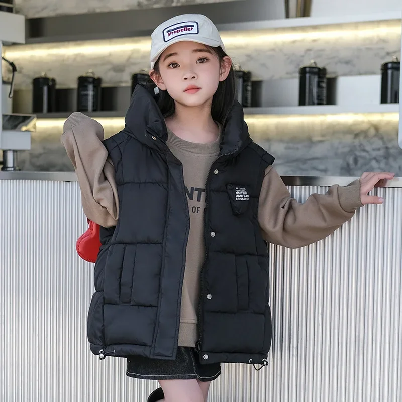 2024 Girls Sleeveless Vest Jacket Youth Coat Solid Color Girls Down Cotton Clothes 5-14 Years Autumn Winter Kids Outerwear TR278