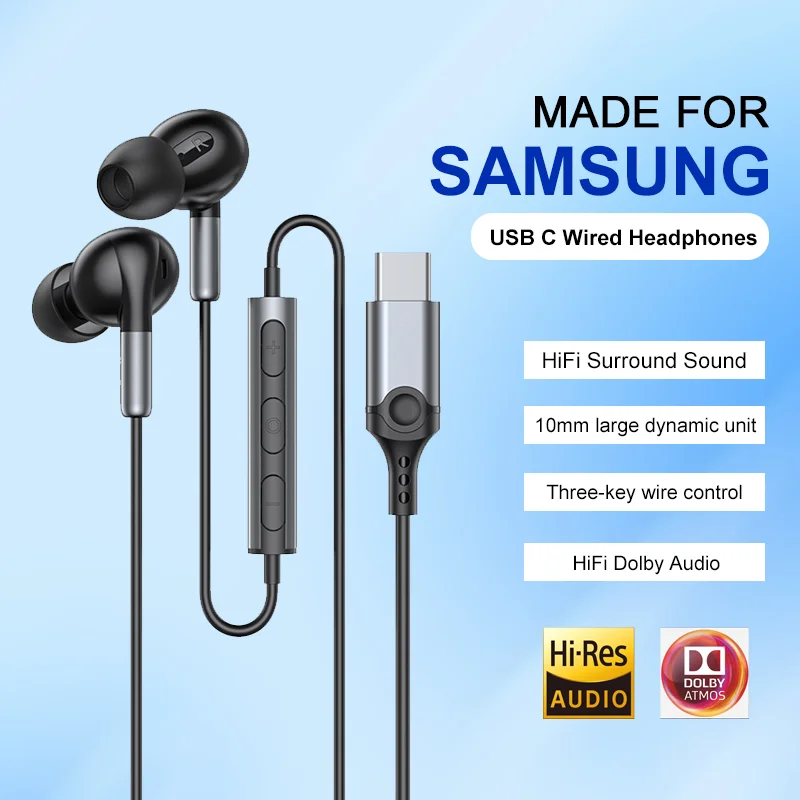 For Samsung Headphones HiFi Surround Sound With Mic In-ear music USB Type C 3.5mm Wired Earbuds For Galaxy S24 23 Ultra Z Fold 6